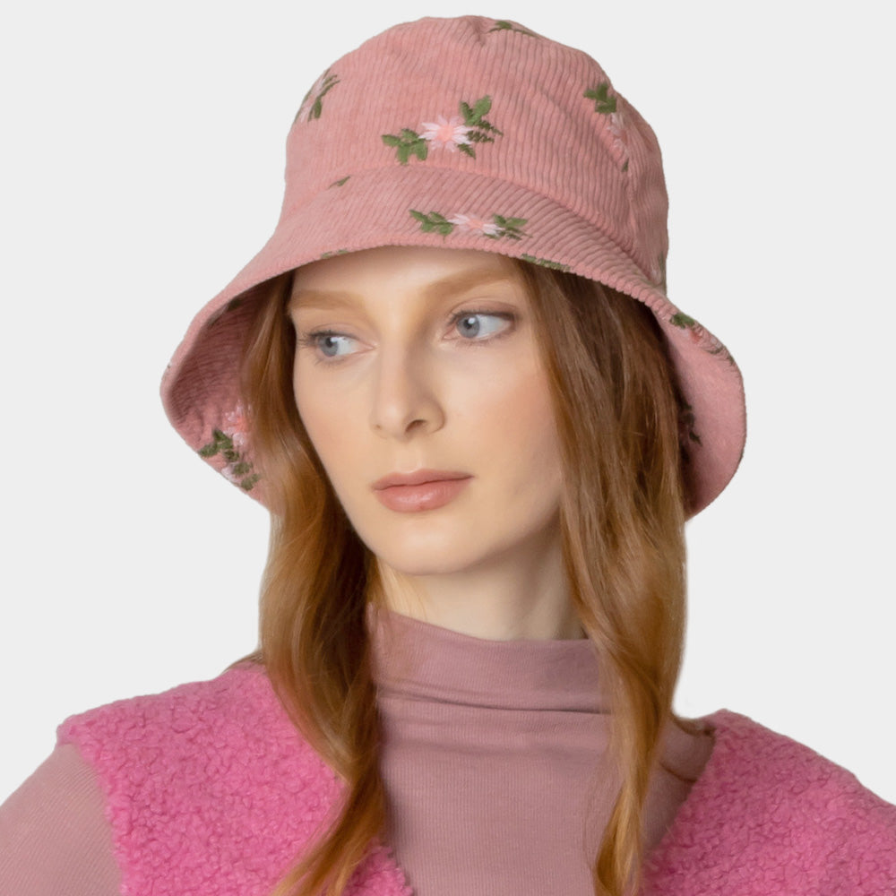 HATEGORY Embroidered Floral Corduroy Bucket Hat