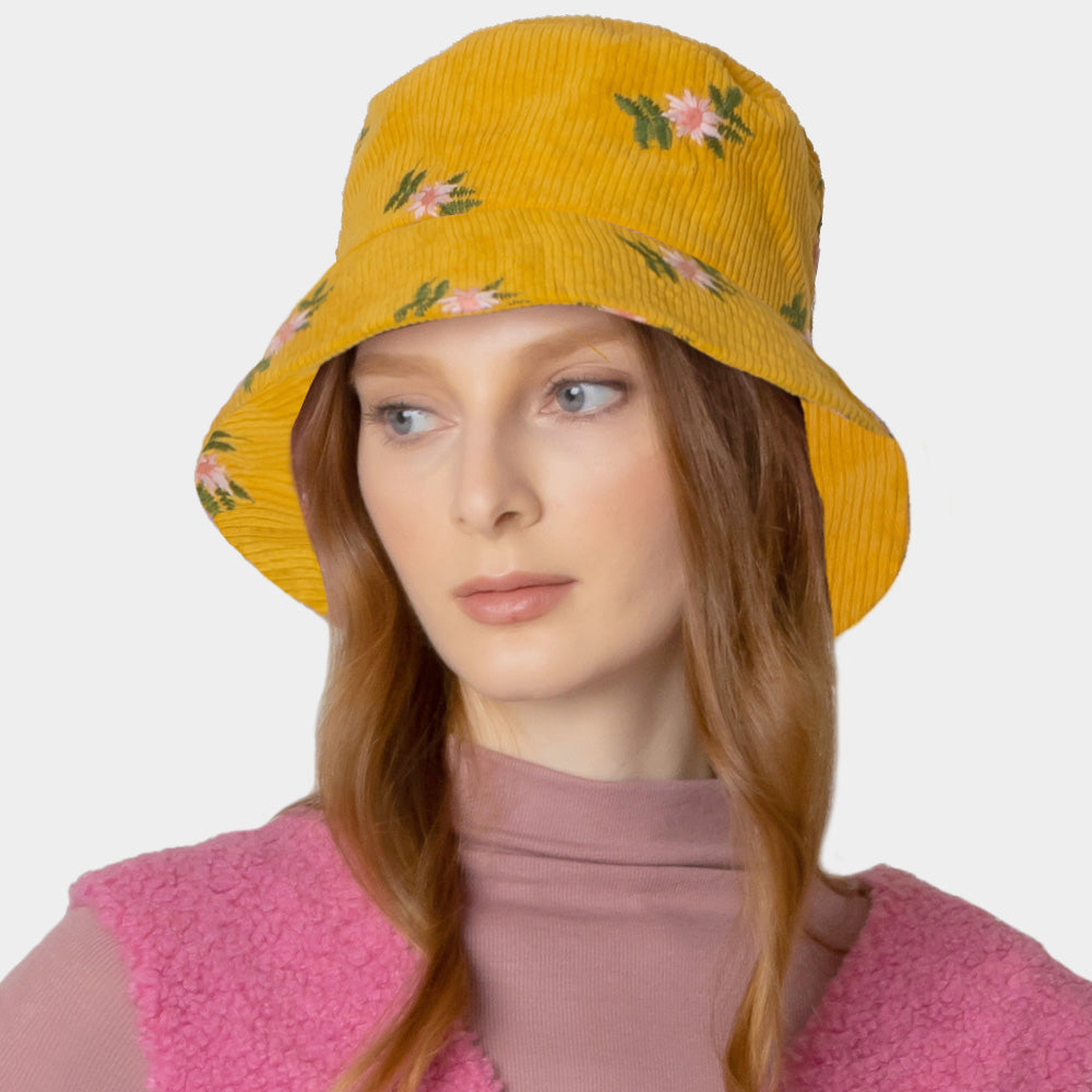 HATEGORY Embroidered Floral Corduroy Bucket Hat