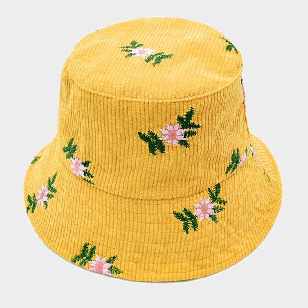 HATEGORY Embroidered Floral Corduroy Bucket Hat