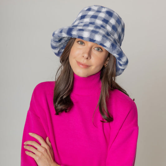 HATEGORY Checkered Faux Fur Bucket Hat