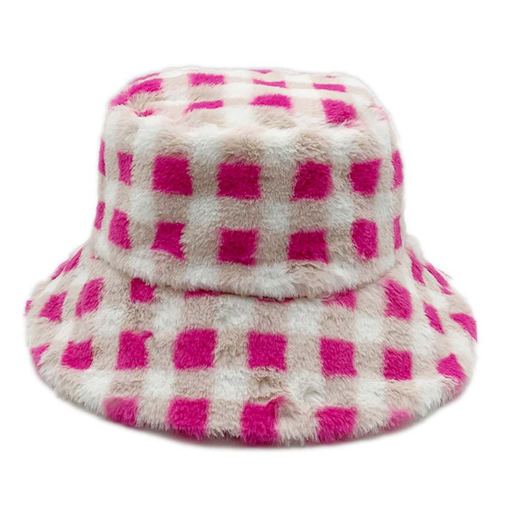 HATEGORY Checkered Faux Fur Bucket Hat