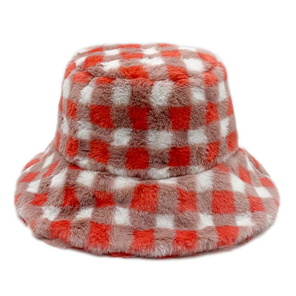 HATEGORY Checkered Faux Fur Bucket Hat