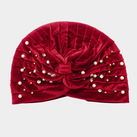 HATEGORY Stone Pearl Detailed Pleated Turban Beanie Hat