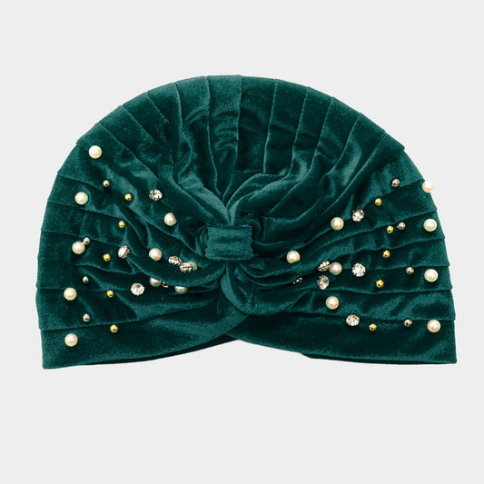 HATEGORY Stone Pearl Detailed Pleated Turban Beanie Hat