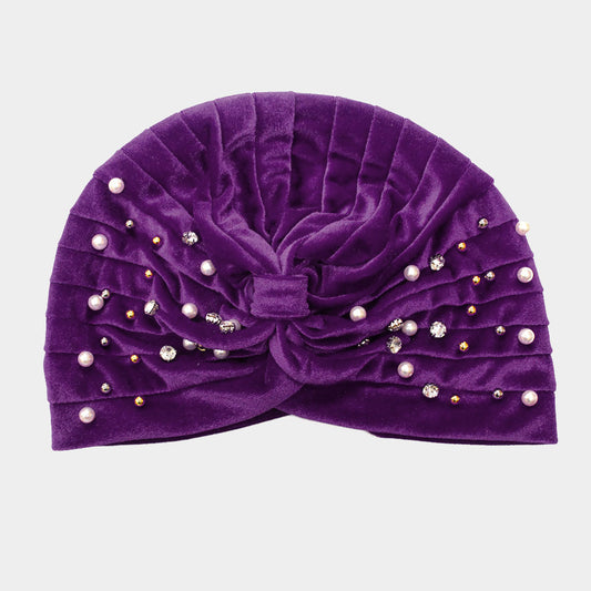 HATEGORY Stone Pearl Detailed Pleated Turban Beanie Hat