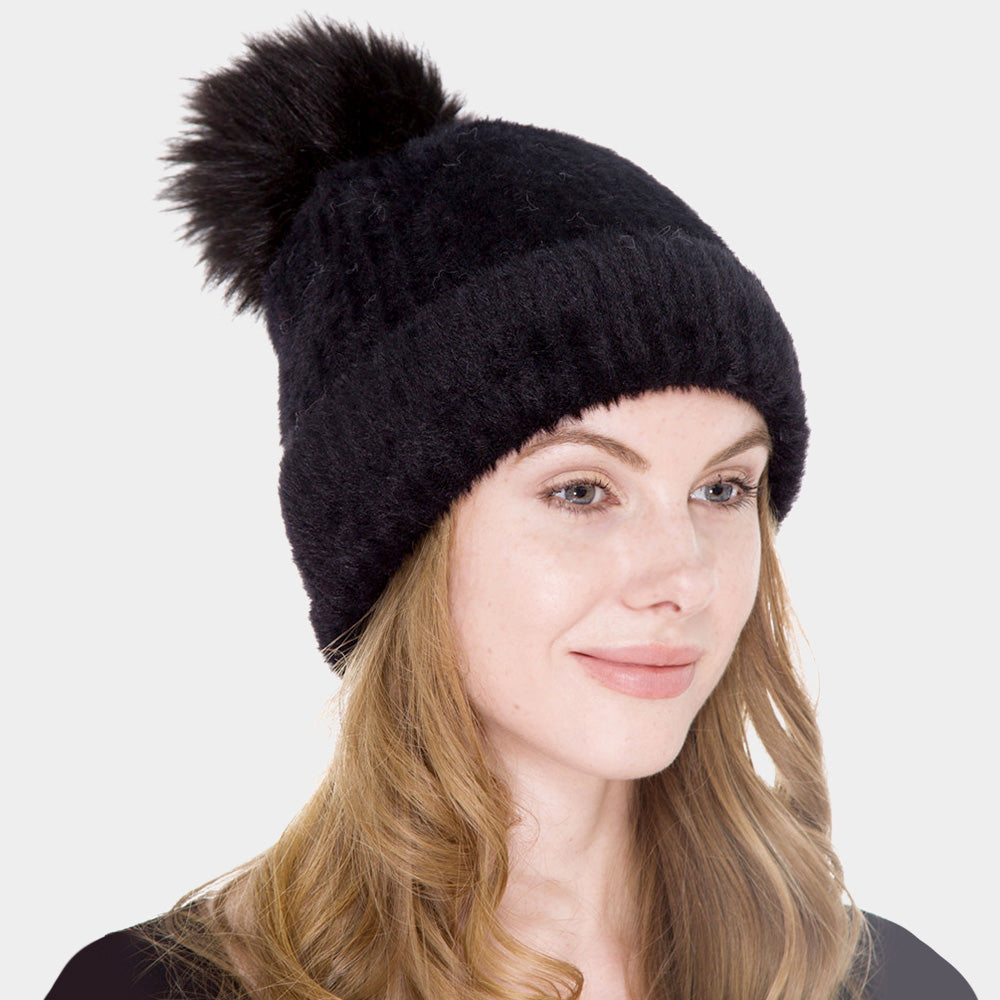 HATEGORY Super Soft Cable Knit Faux Fur Pom Pom Sherpa Lined Beanie Hat