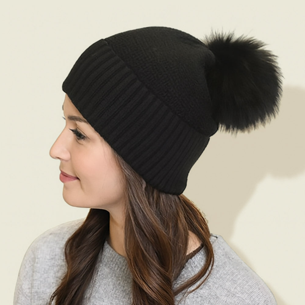 HATEGORY Detachable Fur Pom Pom Knit Winter Beanie Hat