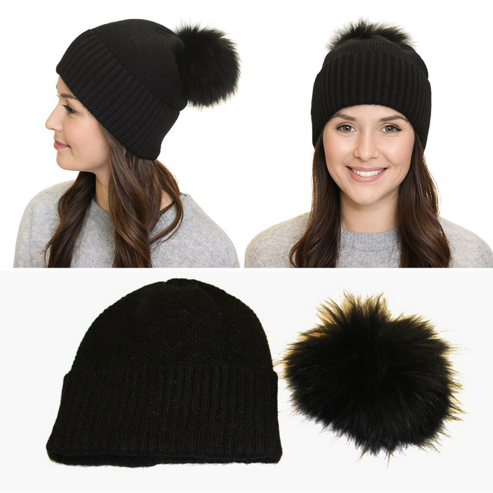 HATEGORY Detachable Fur Pom Pom Knit Winter Beanie Hat
