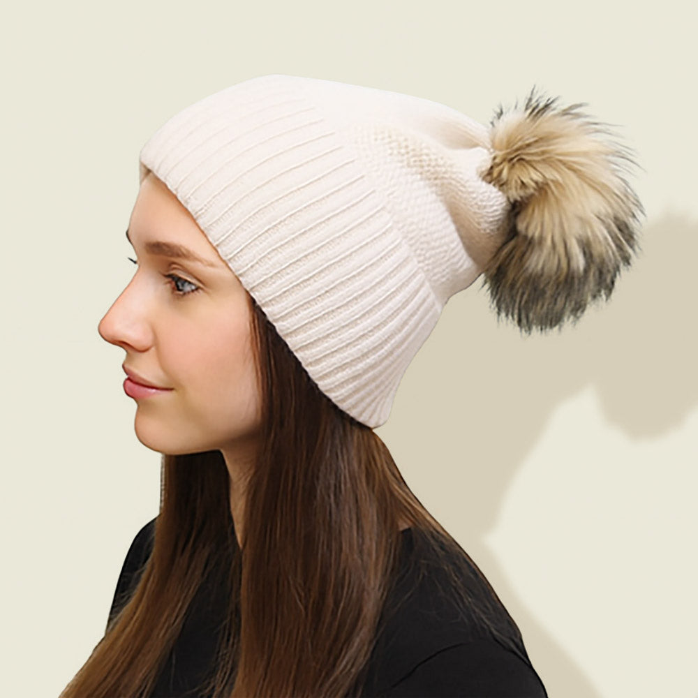 HATEGORY Detachable Fur Pom Pom Knit Winter Beanie Hat
