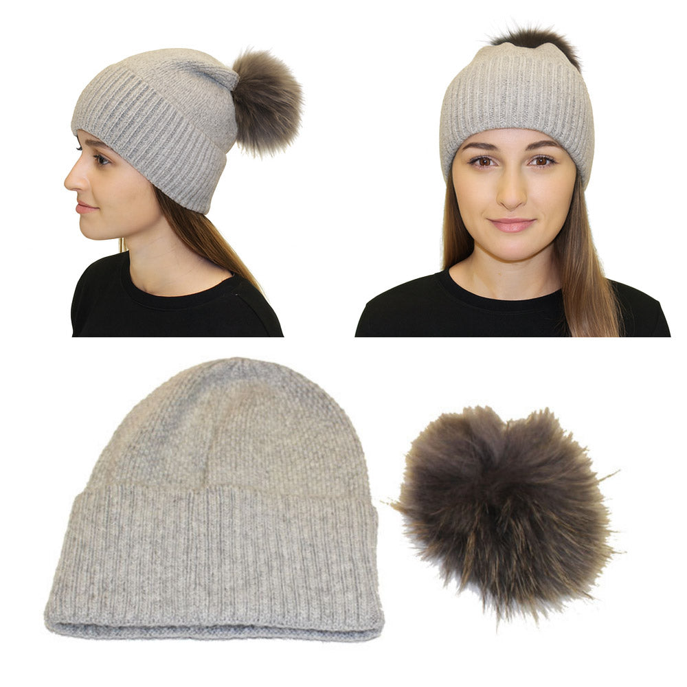 HATEGORY Detachable Fur Pom Pom Knit Winter Beanie Hat