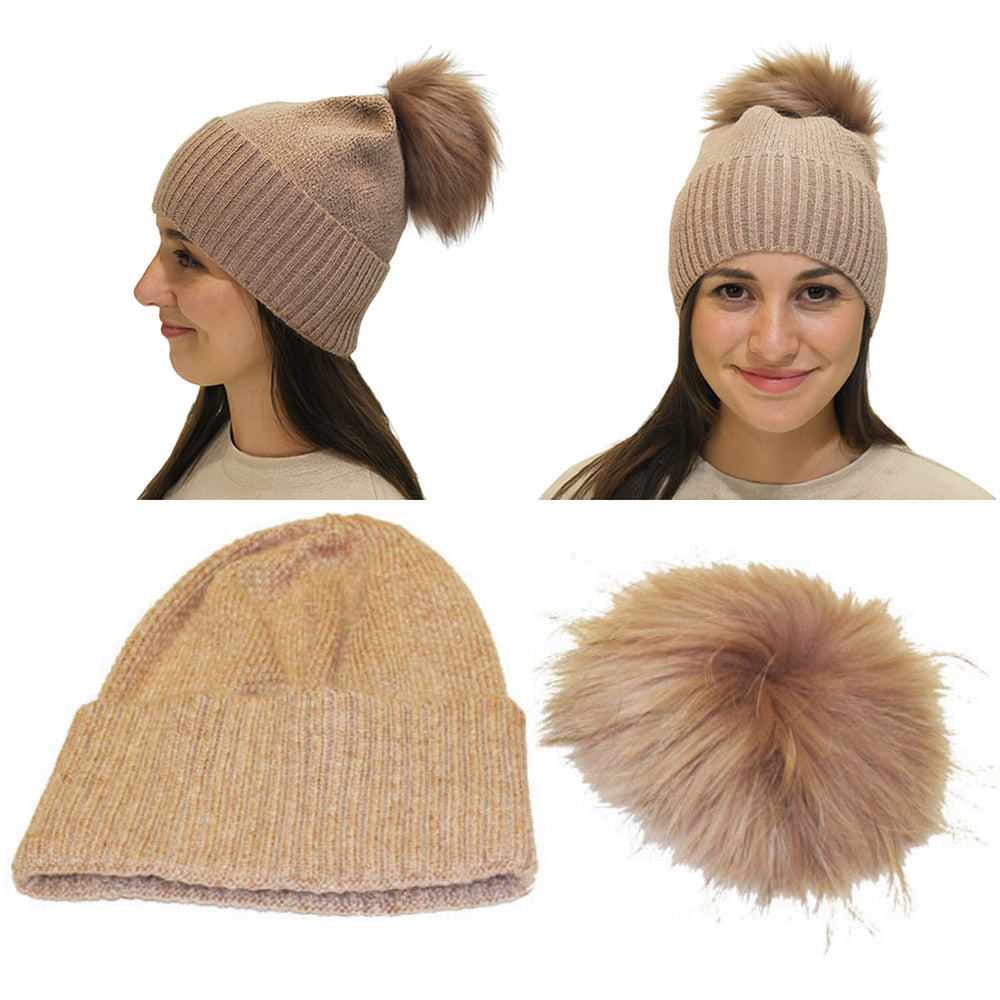 HATEGORY Detachable Fur Pom Pom Knit Winter Beanie Hat
