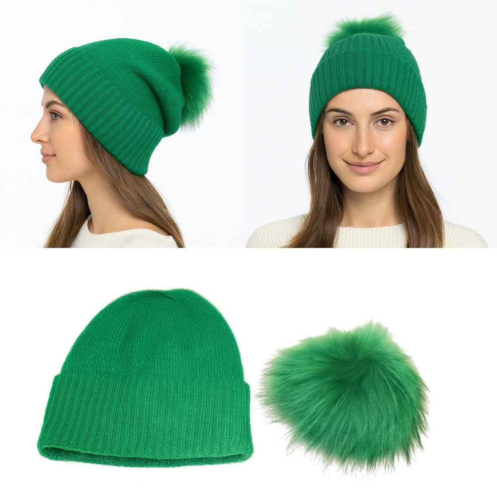 HATEGORY Detachable Fur Pom Pom Knit Winter Beanie Hat
