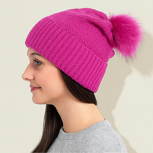 HATEGORY Detachable Fur Pom Pom Knit Winter Beanie Hat