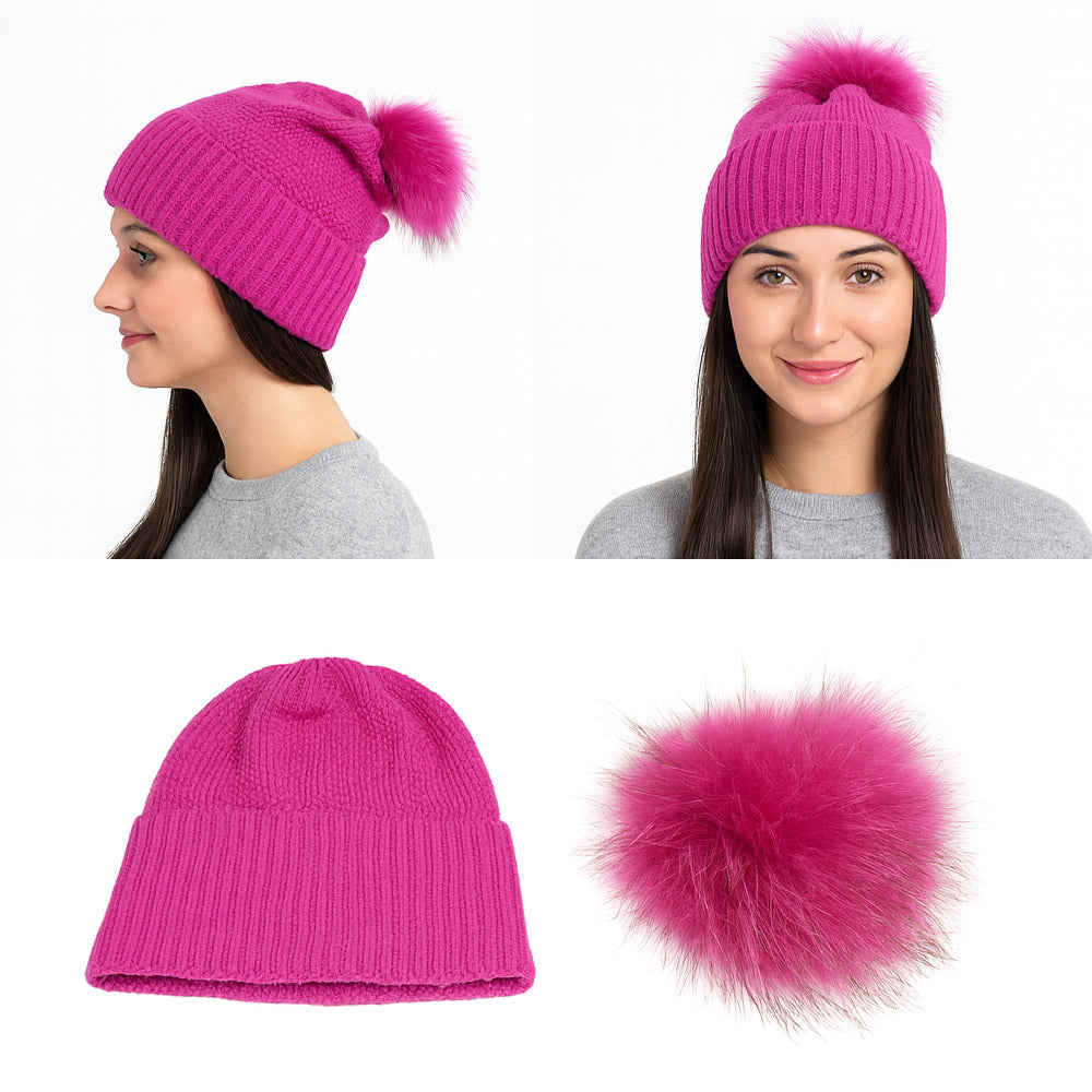 HATEGORY Detachable Fur Pom Pom Knit Winter Beanie Hat