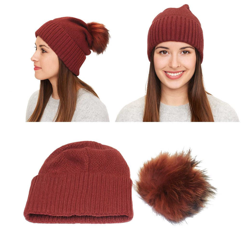 HATEGORY Detachable Fur Pom Pom Knit Winter Beanie Hat