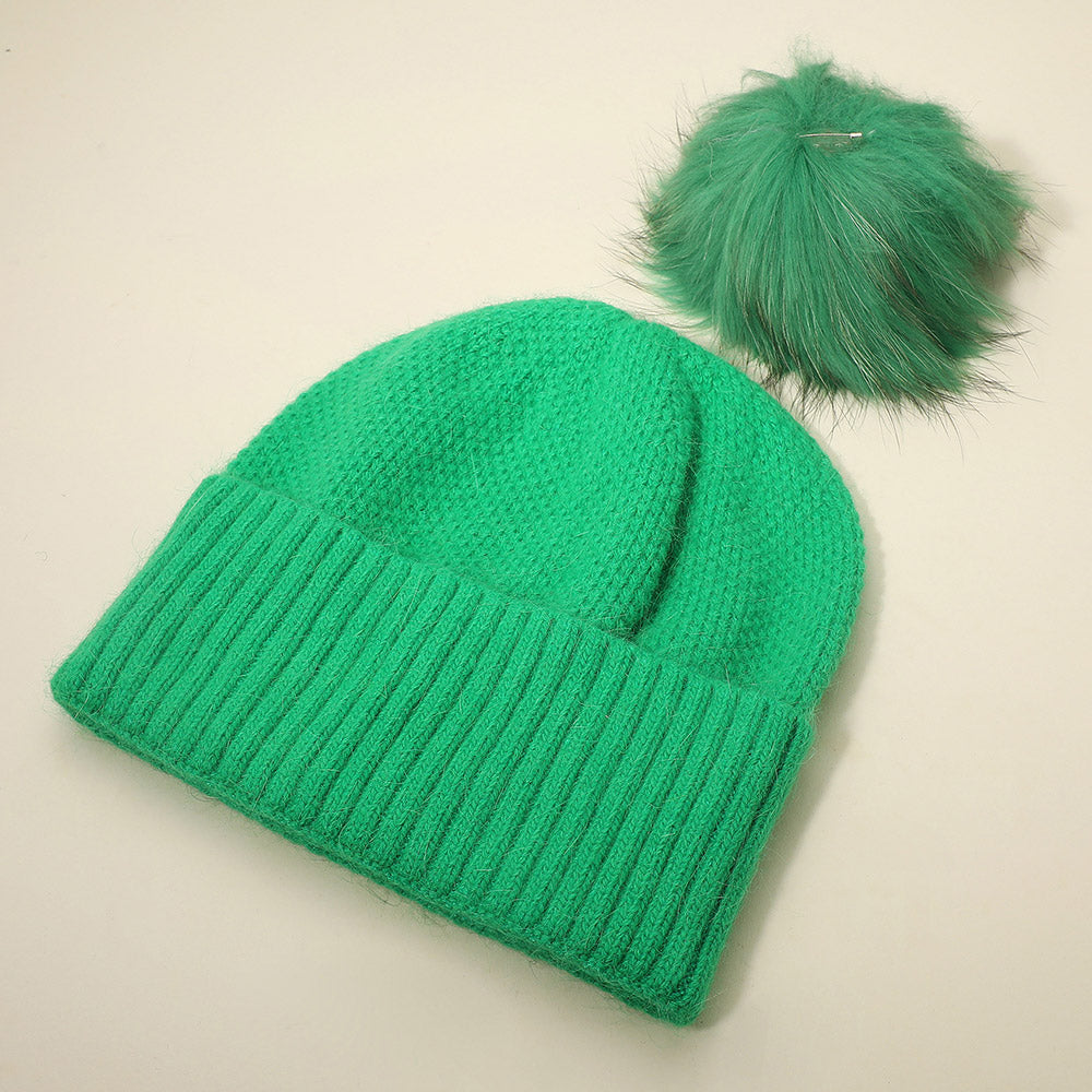 HATEGORY Detachable Fur Pom Pom Knit Winter Beanie Hat