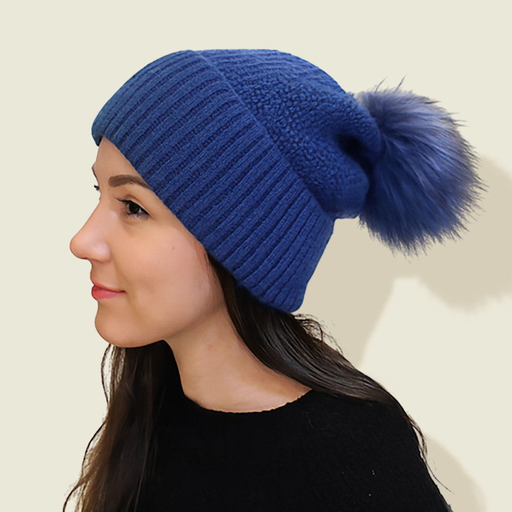 HATEGORY Detachable Fur Pom Pom Knit Winter Beanie Hat