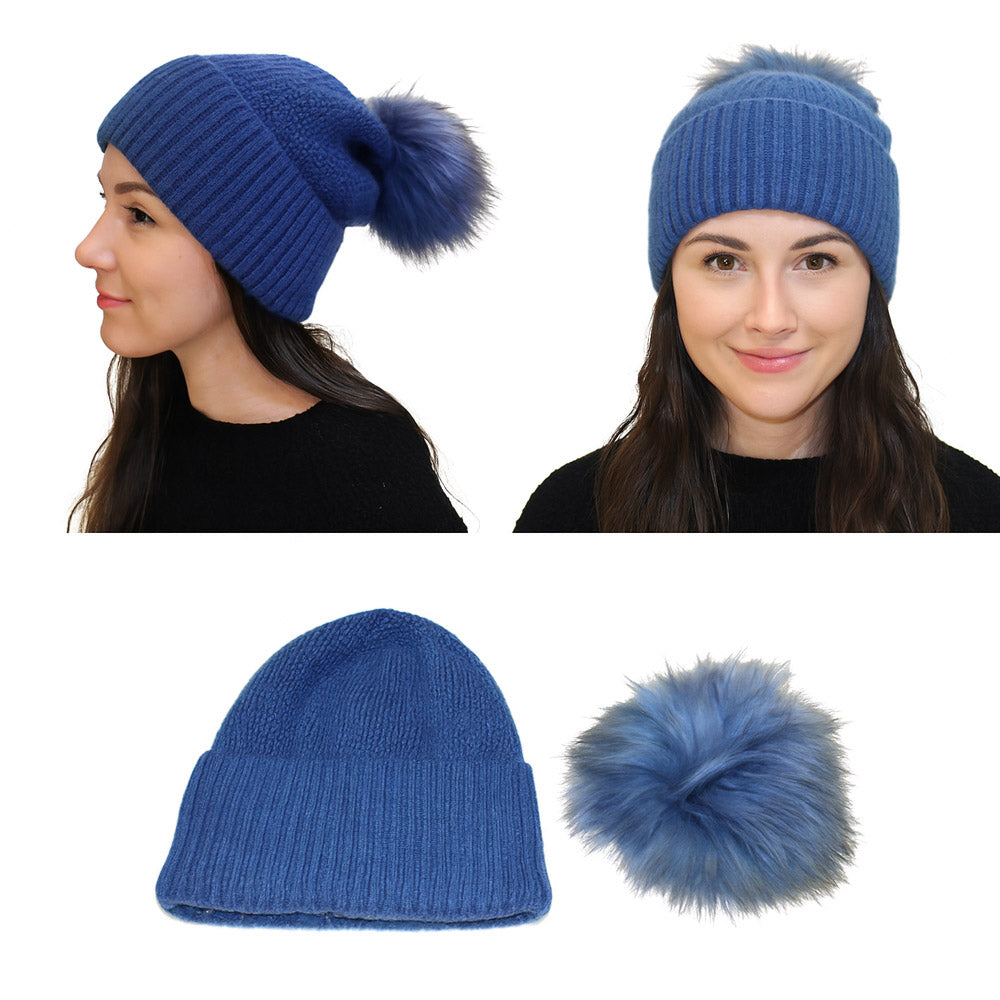HATEGORY Detachable Fur Pom Pom Knit Winter Beanie Hat