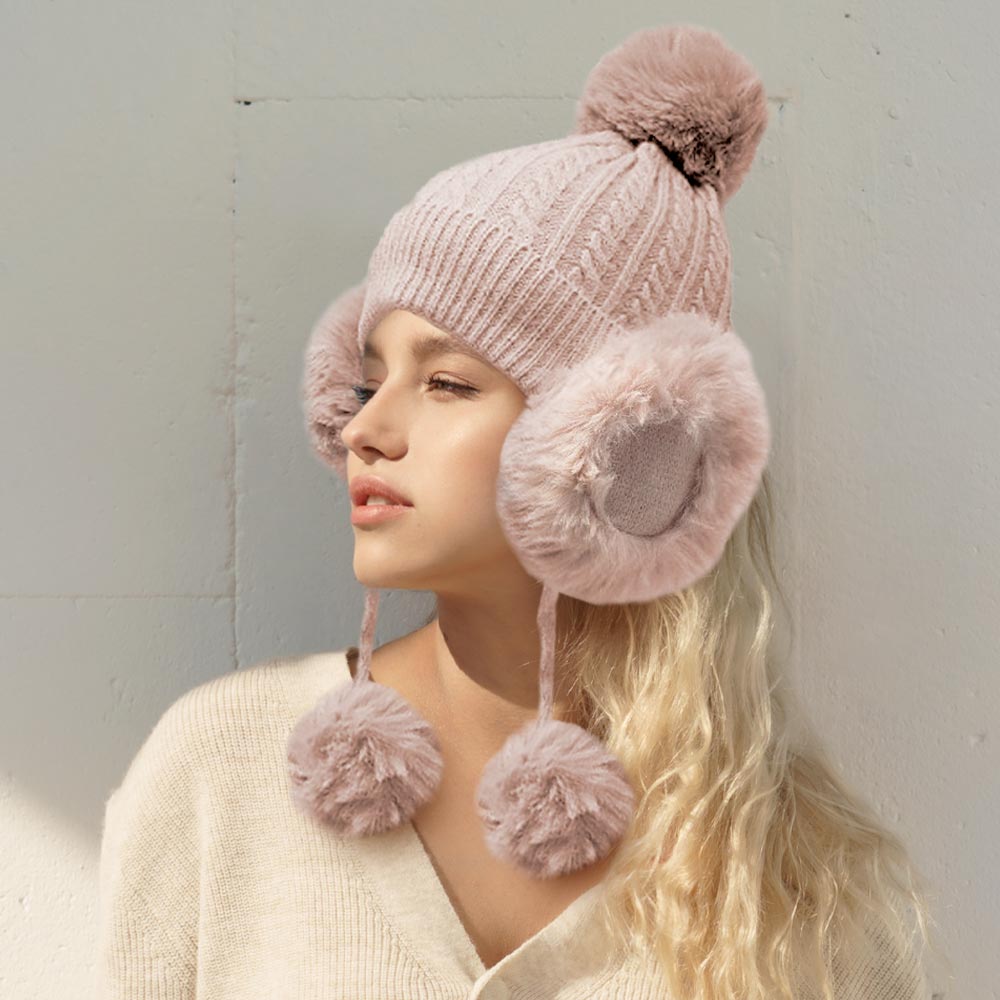 HATEGORY Faux Fur Earflap Cable Knit Pom Pom Beanie Hat