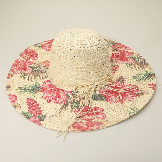 HATEGORY Floral Print Straw Floppy Sun Hat