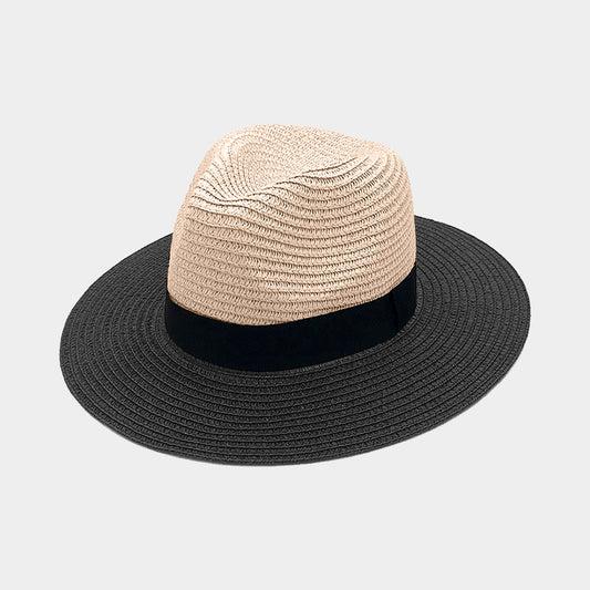 HATEGORY Black Band Two Tone Straw Panama Sun Hat