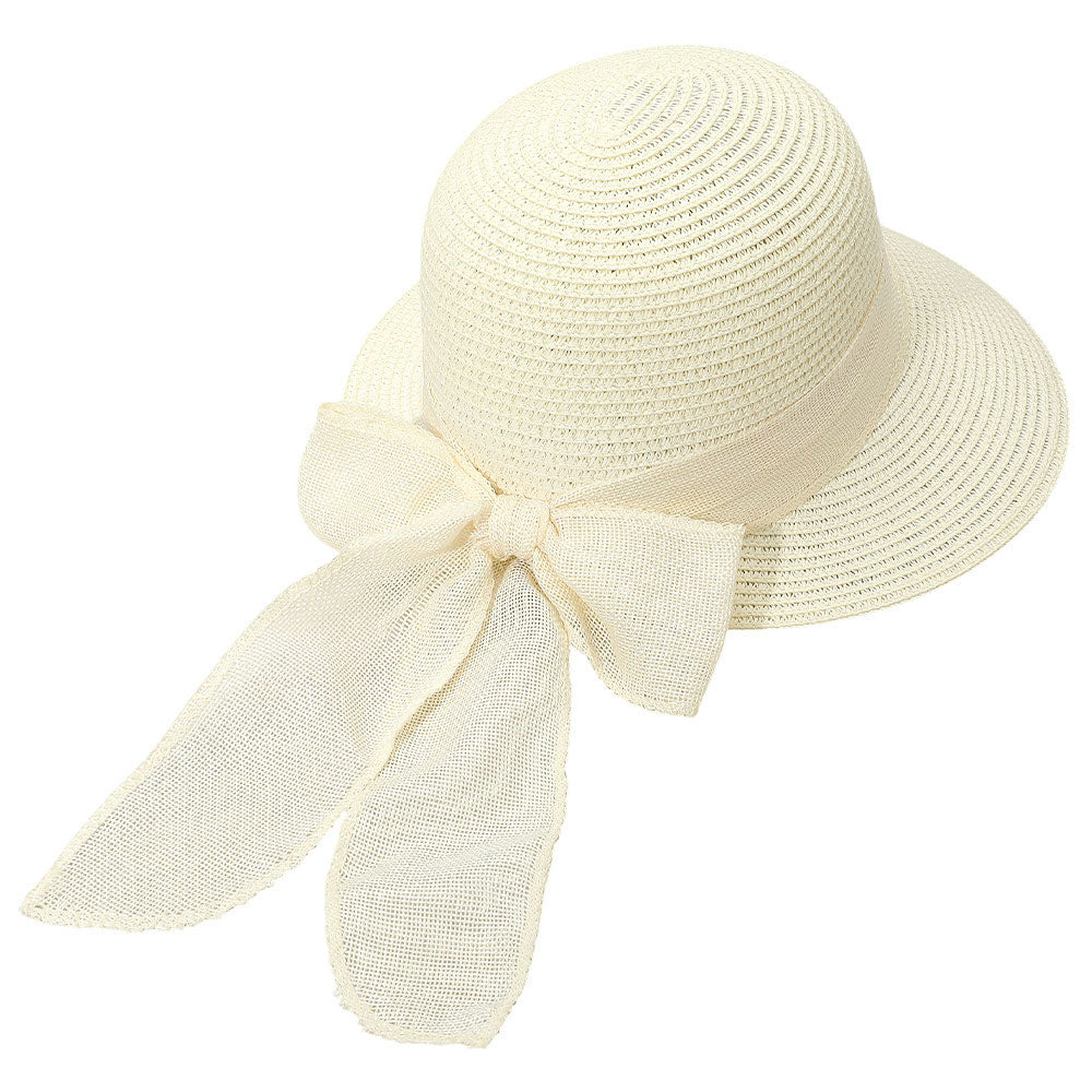 HATEGORY Mesh Bow Detail Floppy Straw Sun Hat