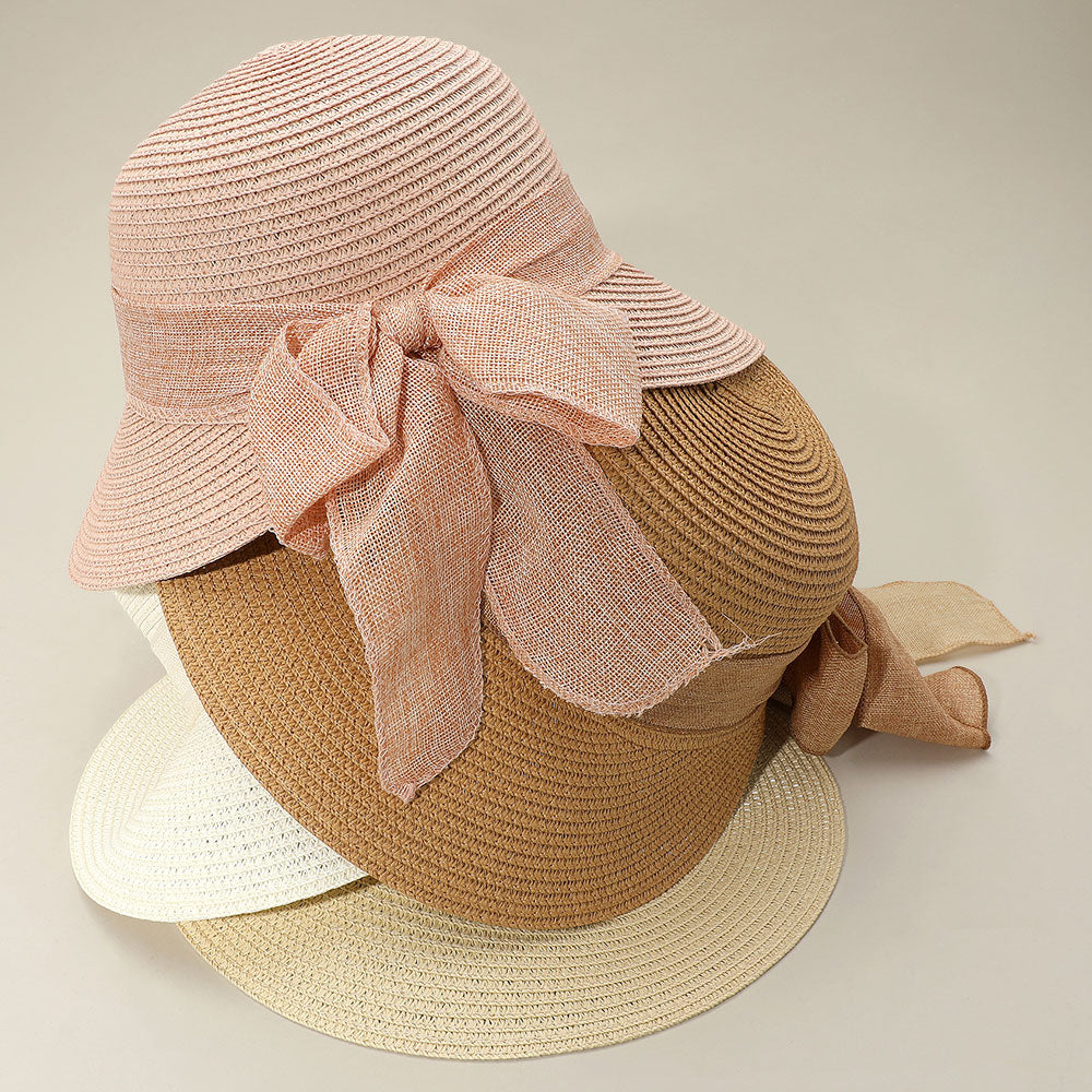 HATEGORY Mesh Bow Detail Floppy Straw Sun Hat