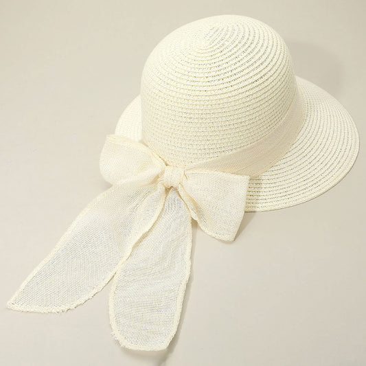 HATEGORY Mesh Bow Detail Floppy Straw Sun Hat