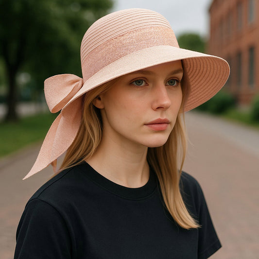 HATEGORY Mesh Bow Detail Floppy Straw Sun Hat
