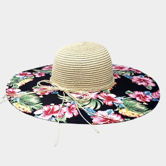HATEGORY Flower Leaf Patterned Straw Sun Hat