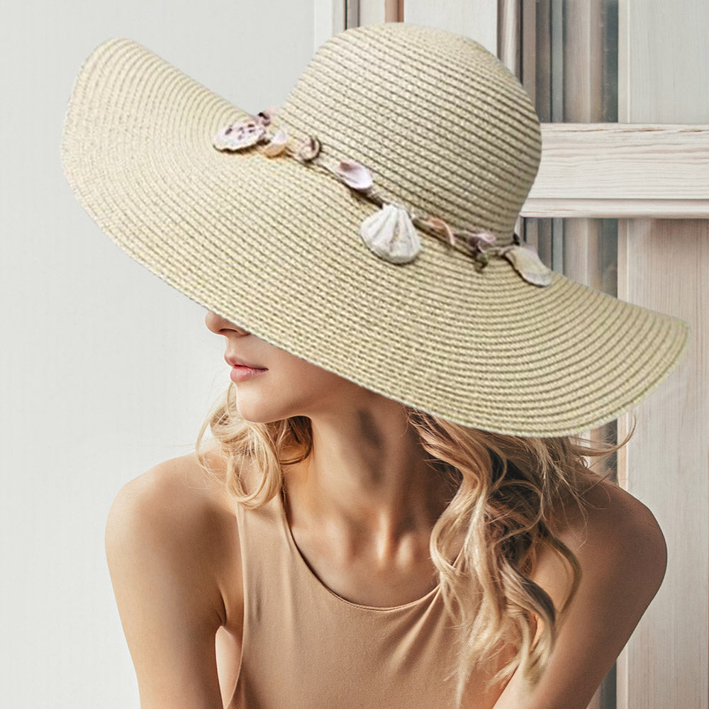 HATEGORY Shell Embellished Band Straw Floppy Sun Hat