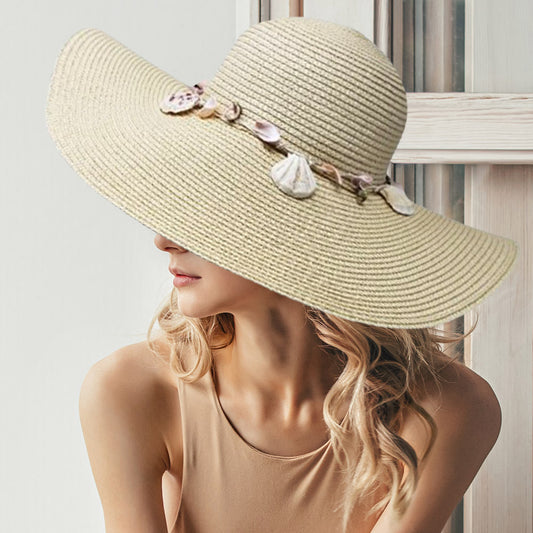 HATEGORY Shell Embellished Band Straw Floppy Sun Hat