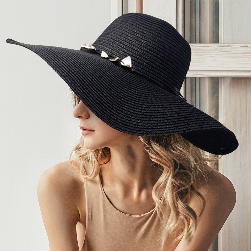HATEGORY Shell Embellished Band Straw Floppy Sun Hat
