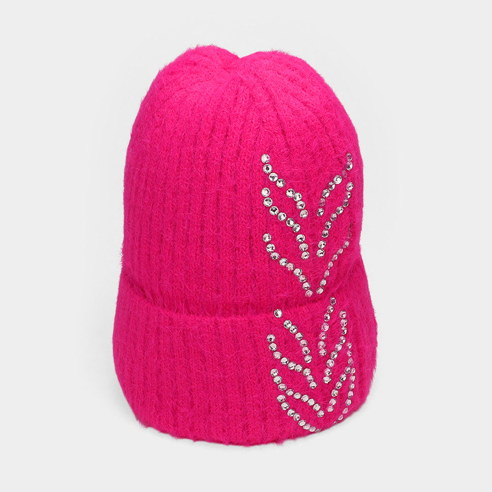 HATEGORY Bling Arrow Studded Accented Fuzzy Winter Beanie Hat