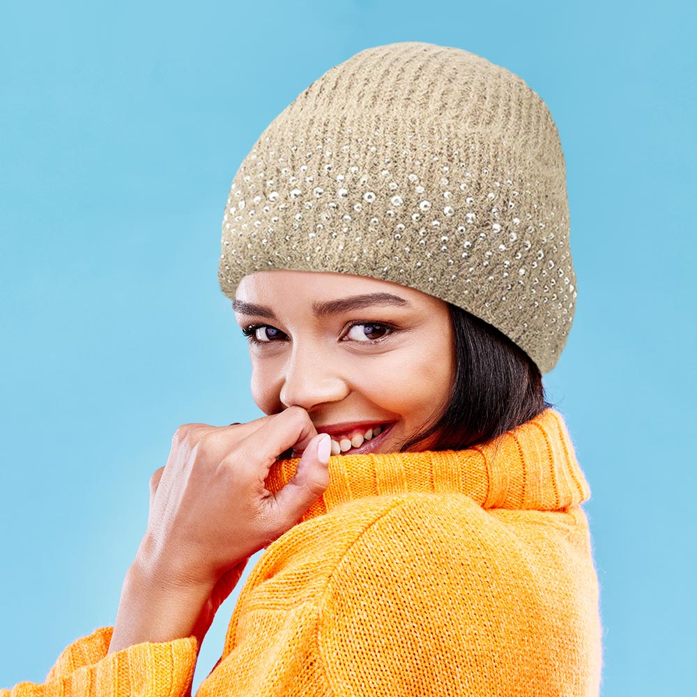 HATEGORY Fleece Lining Rhinestone Embellished Beanie Hat