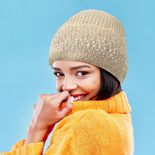 HATEGORY Fleece Lining Rhinestone Embellished Beanie Hat