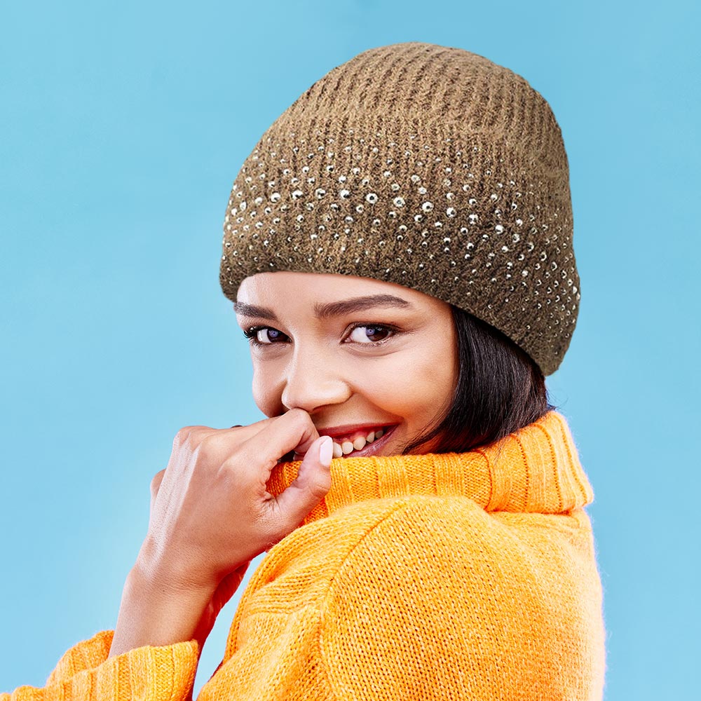 HATEGORY Fleece Lining Rhinestone Embellished Beanie Hat