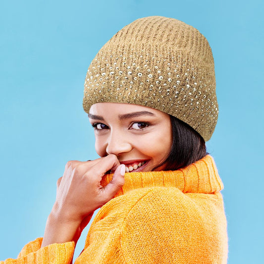 HATEGORY Fleece Lining Rhinestone Embellished Beanie Hat