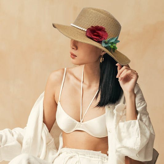 HATEGORY Pearl Band Rose Corsage Pointed Raffia Sun Hat