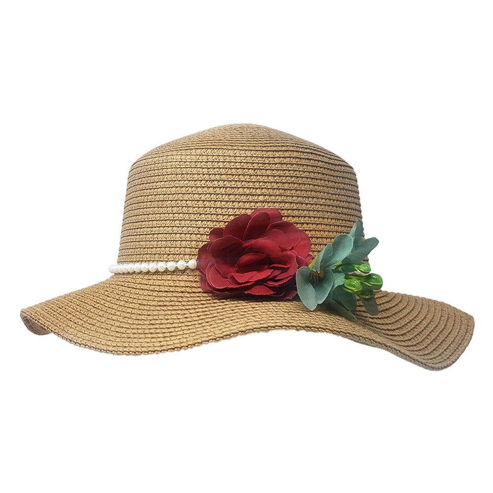 HATEGORY Pearl Band Rose Corsage Pointed Raffia Sun Hat
