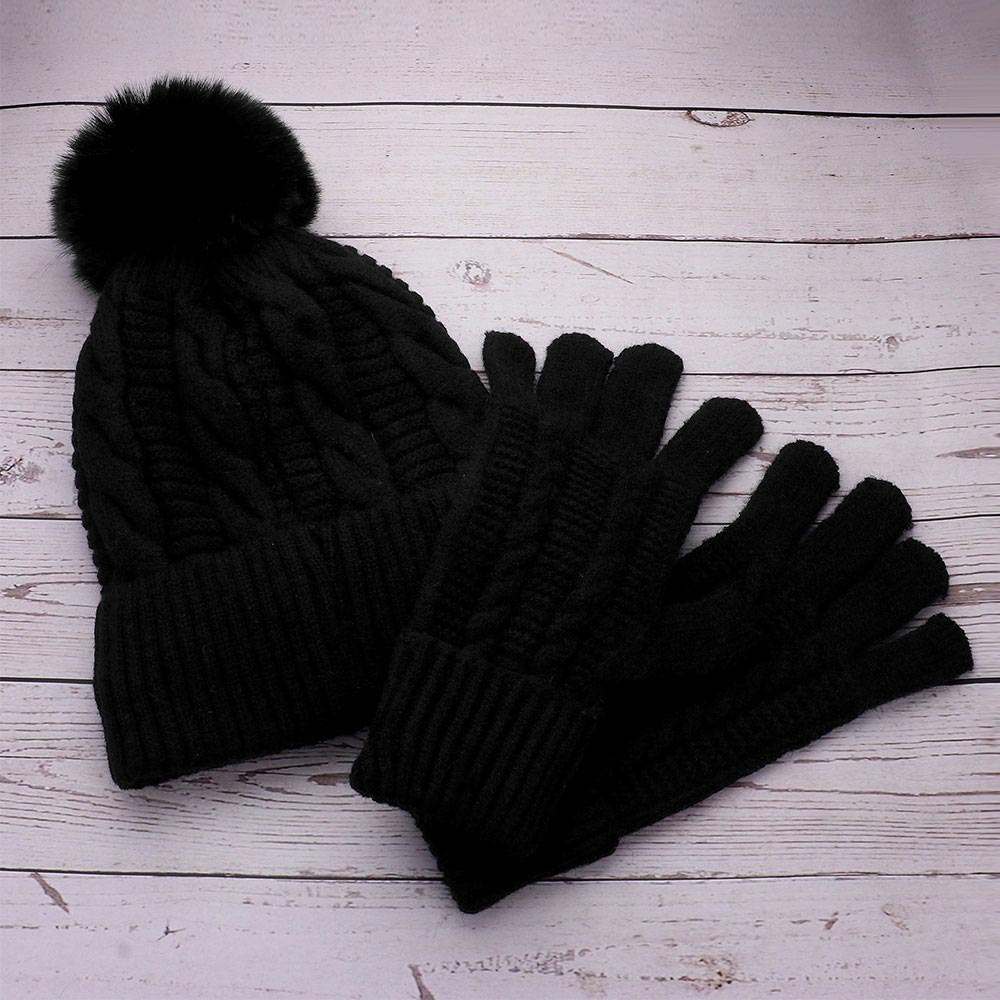 HATEGORY 2PCS - Cable Pom Beanie Hat Gloves Set