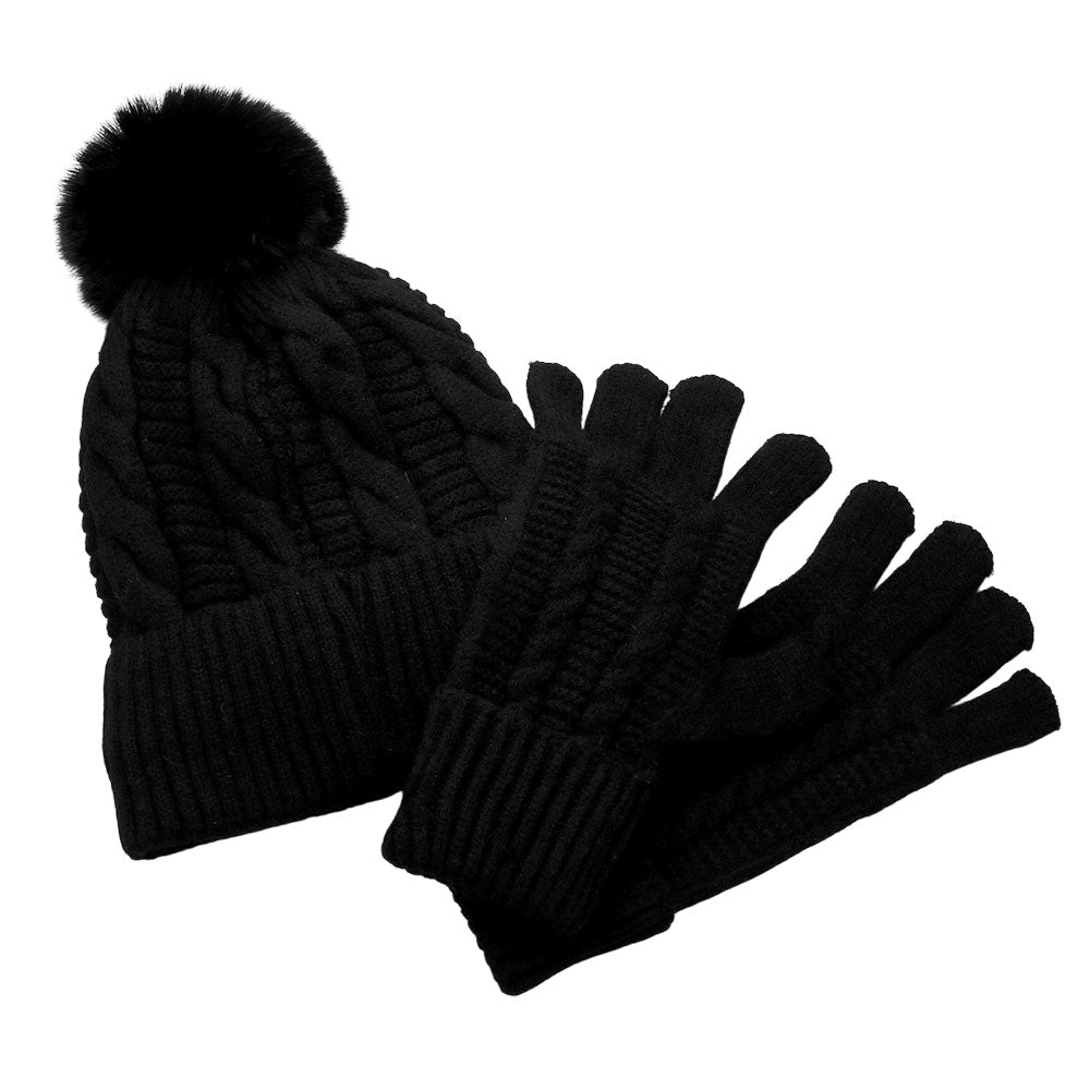 HATEGORY 2PCS - Cable Pom Beanie Hat Gloves Set