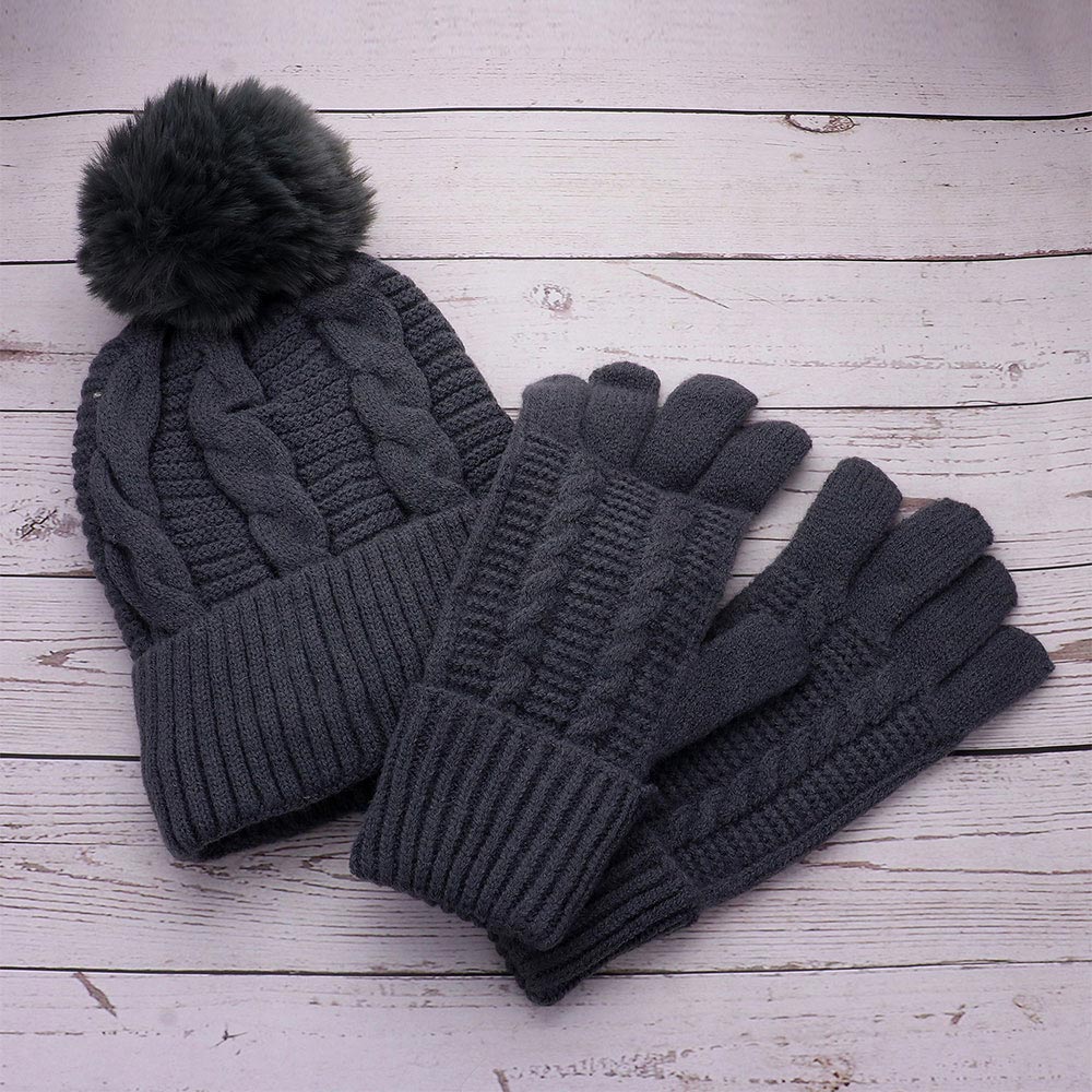 HATEGORY 2PCS - Cable Pom Beanie Hat Gloves Set