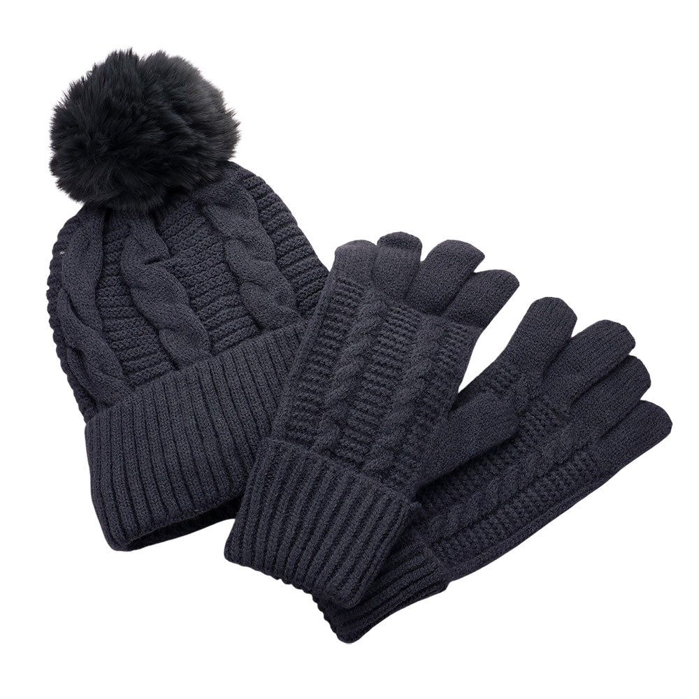 HATEGORY 2PCS - Cable Pom Beanie Hat Gloves Set