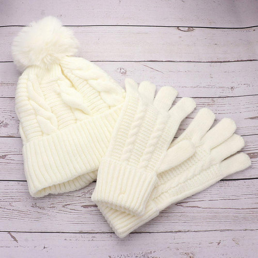 HATEGORY 2PCS - Cable Pom Beanie Hat Gloves Set