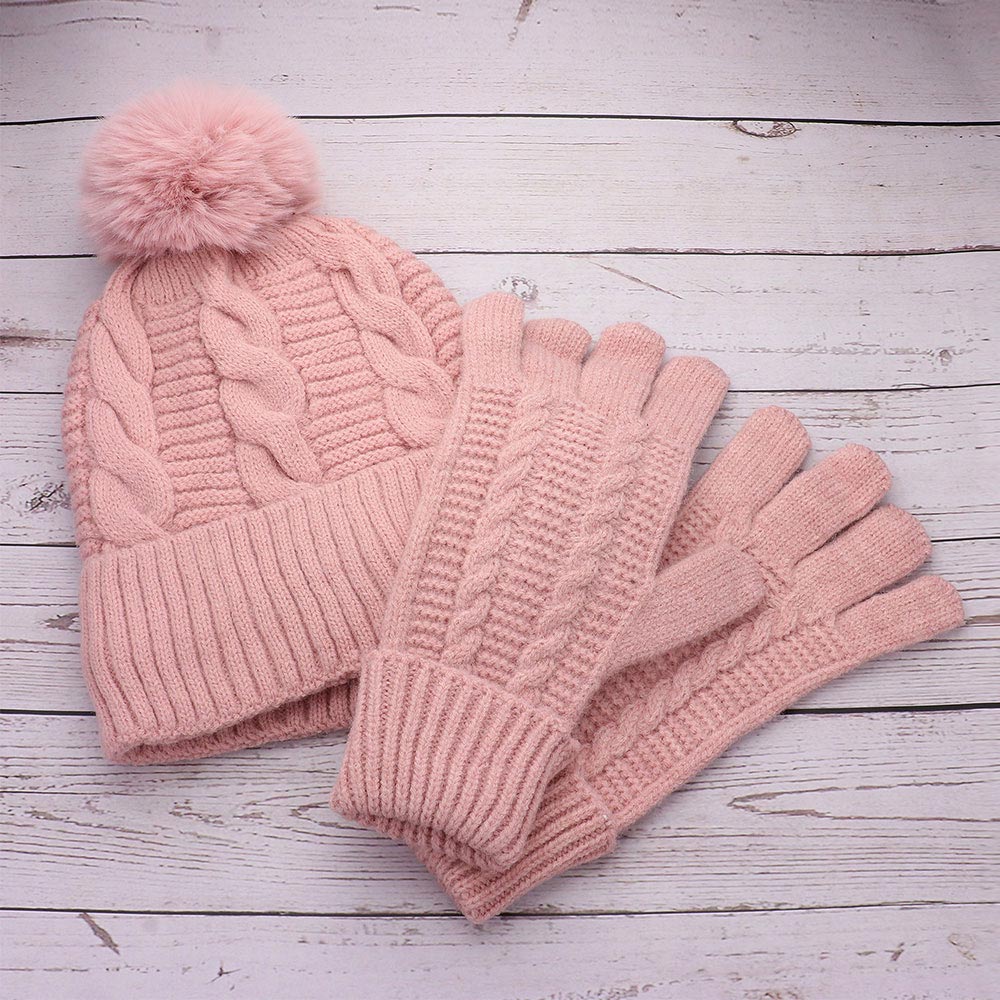 HATEGORY 2PCS - Cable Pom Beanie Hat Gloves Set