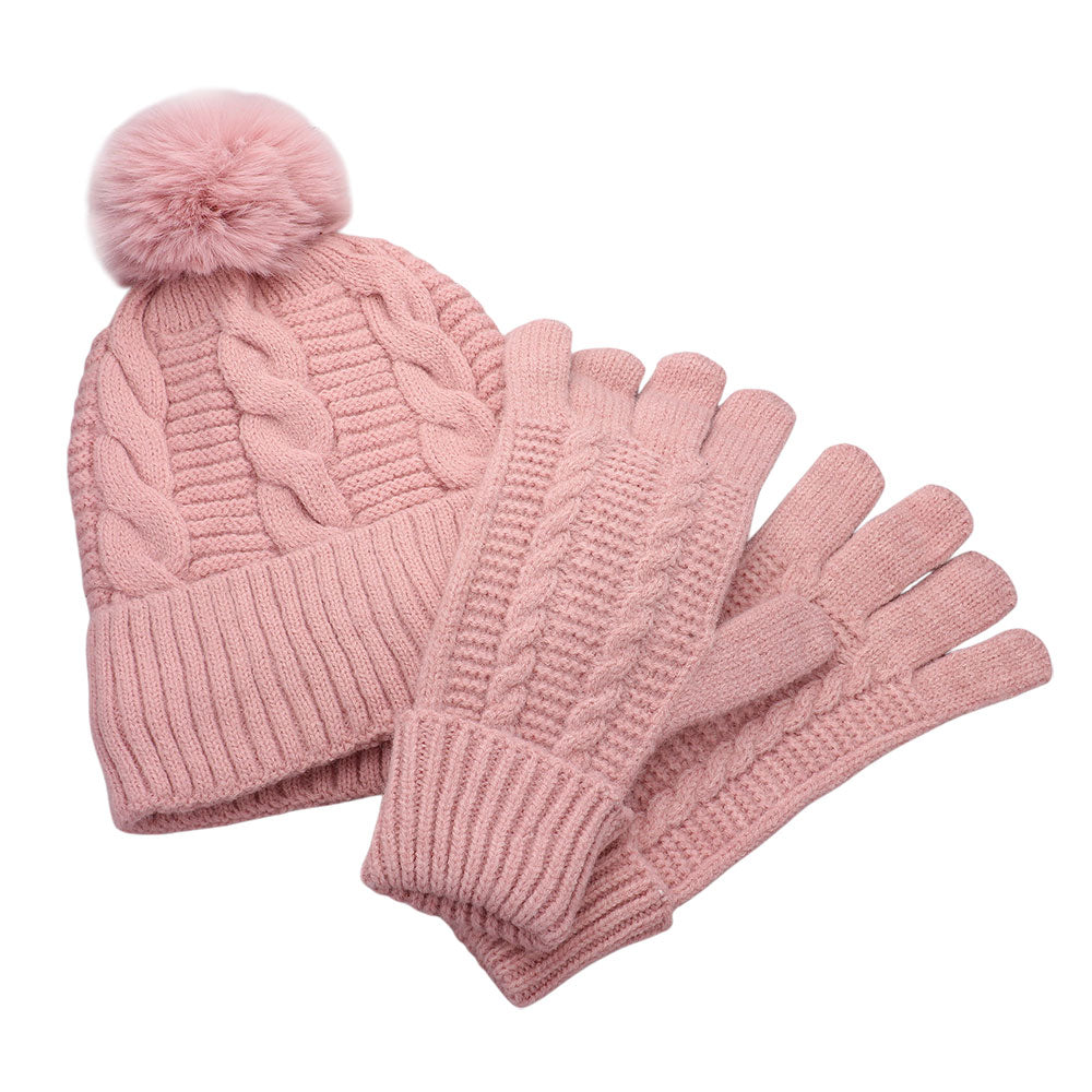 HATEGORY 2PCS - Cable Pom Beanie Hat Gloves Set
