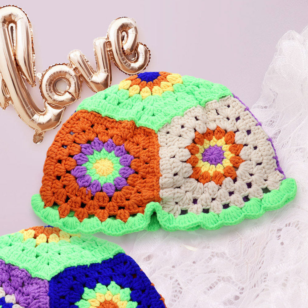 HATEGORY Flower Granny Square Pattern Handmade Crochet Knit Bucket Hat