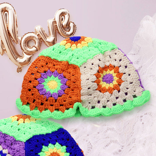 HATEGORY Flower Granny Square Pattern Handmade Crochet Knit Bucket Hat