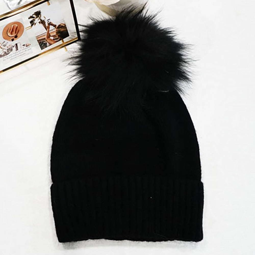HATEGORY Fox Fur Pom Slouchy Knit Winter Beanie Hat